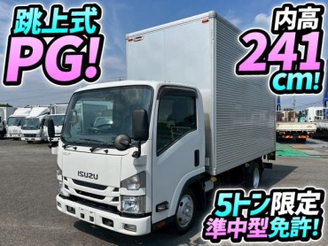H30 いすゞ エルフ アルミバン 跳ね上げ式パワーゲート 北村製作所 キタムラ ハイキャブ 標準幅 セミロング 背高 オートレベルリフト 5トン限定・準中型免許 5速MT 2t 5t 小型 ドライバン 箱車