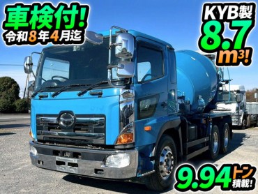 QKG-FS1AKAA 車検付 令和8年4月迄 H25 日野 プロフィア コンクリートミキサー車 6×4 3軸2デフ KYB カヤバ工業 8.7立米 電動ホッパー リターダ 7速 MT マニュアル 10t 20t 大型 コンクリ作業車