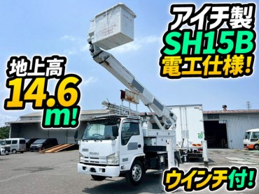 SKG-NKR85YN H24 いすゞ エルフ 高所作業車 標準幅 アイチコーポレーション SH15B 電工仕様 14.6m ウインチ 絶縁 首振り 150馬力 6速マニュアル MT 2t 8t 小型 特装車 通信仕様
